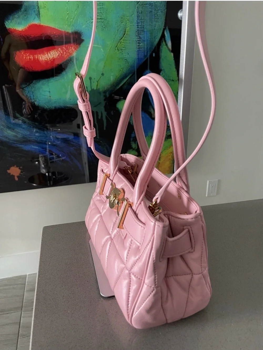 Versace Pink Quilted Leather Satchel with Gold Medusa Hardware
